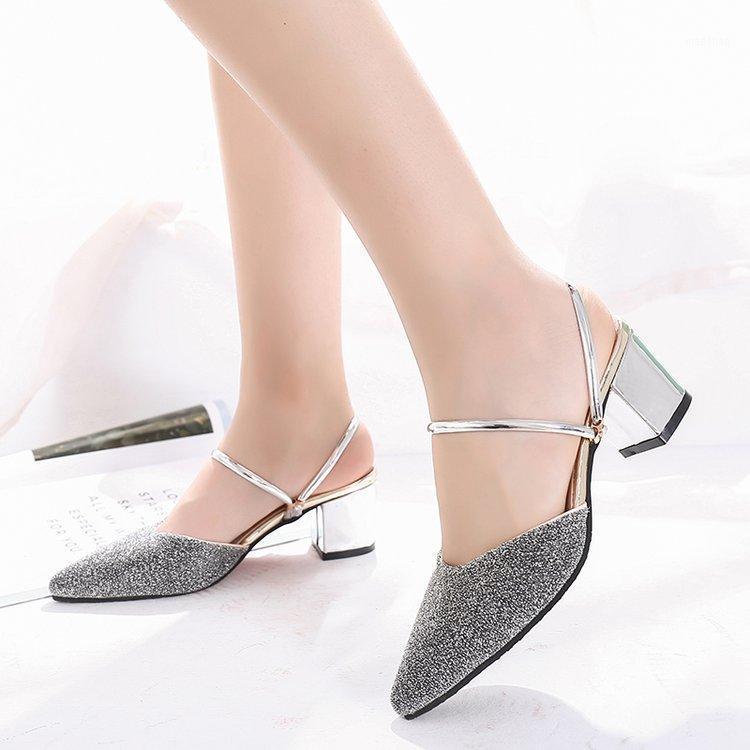 

Plus Size 35-43 Summer Women Slippers Pointed Toe Woman Sandals High Heels Slippers Square Heeled Silver Slides Outside1, Gold
