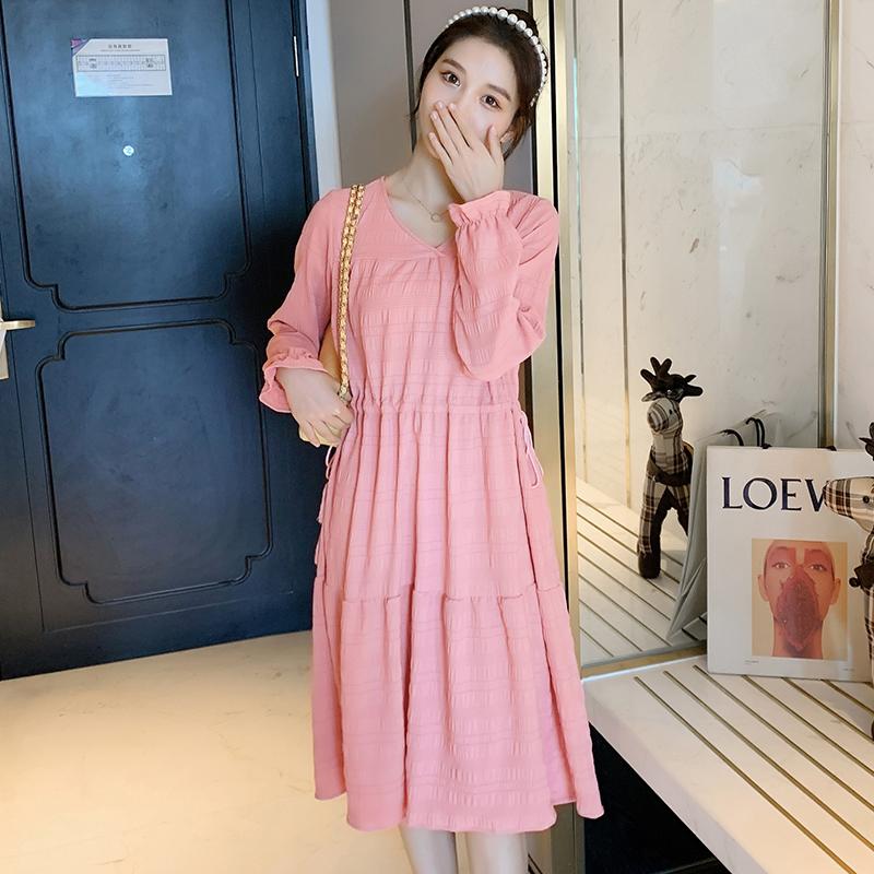 

2021 spring fashionable over-the-knee pregnant women dress long sleeve v-neck drawstring waist maternity dress pregnancy dresses, Pink