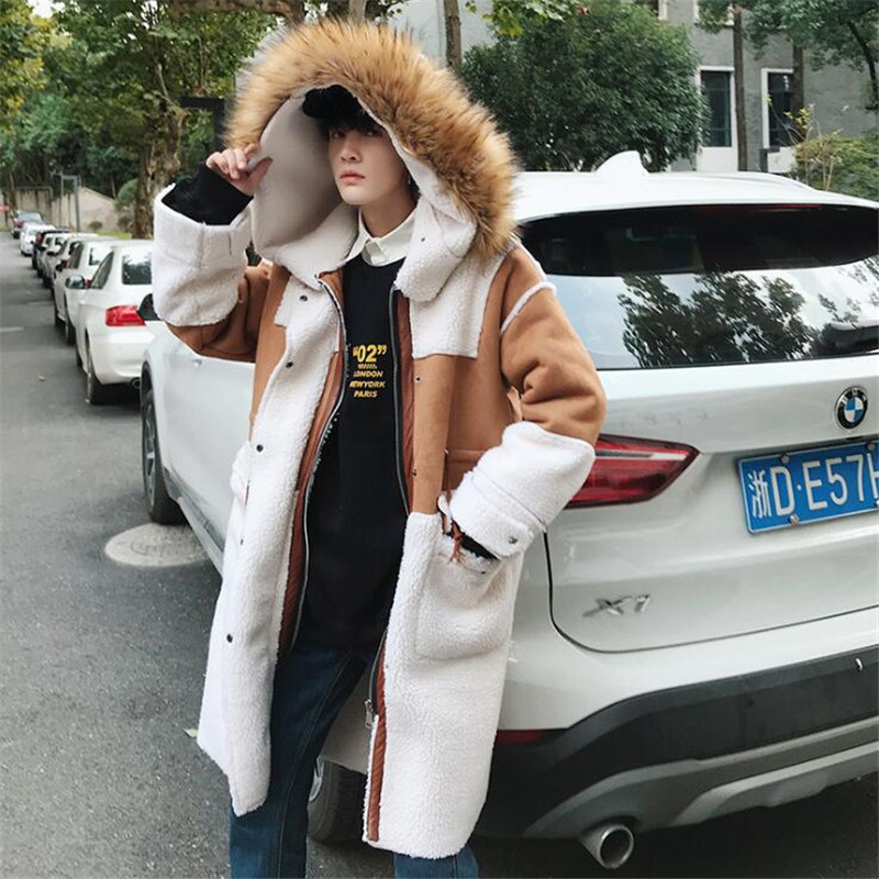 

NEW Winter Warm Immitation Lamb Jacket With Wool Hood in Reach Coat Sherpa Men Oversizemens Long Manteau Homme, Picture color