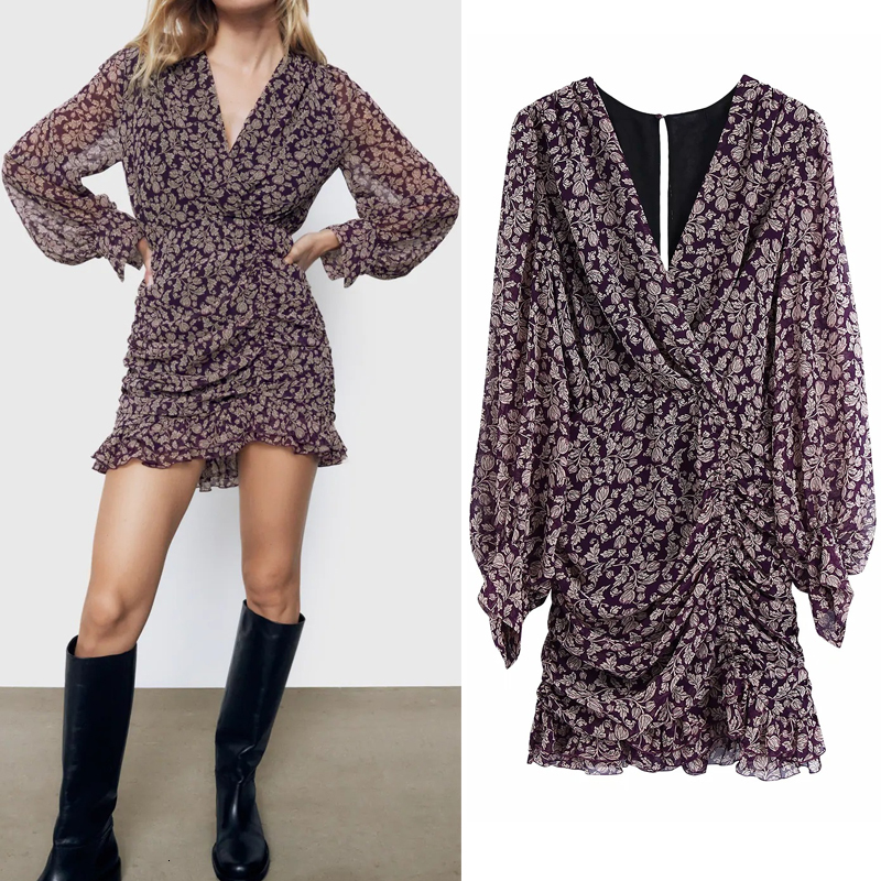 

2021 New Purple Print Draped Mini Women Vintage Wrap Chiffon Ruffle Long Sleeve Dresses Ladies Ruched Party Dress I1jy