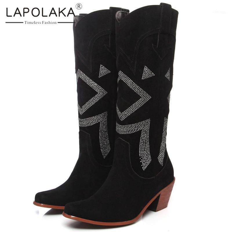 

Lapolaka New Fashion 2020 Plus Size 46 Crystal INS Hot Shoes Woman Boots Female Slip On High Heels Flock Autumn Mid Calf Boots1, Black