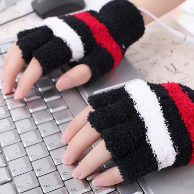 

Usb Heating Winter Patchwork Hand Warm Gloves Heated Without Fingers Mittens Fingerless Warmer Mitten Striped Thick Guantes