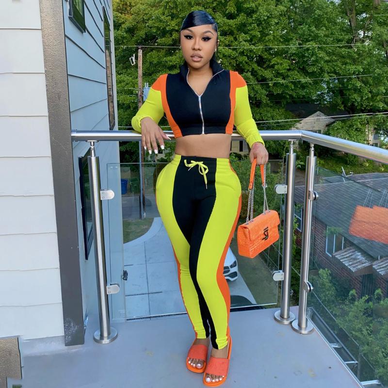 

NEW 2020 Women Fall Clothes Set Long Sleeve Color Block Zipper Crop Tops Coat +Pants Set for Ladies High Waist Casual Outfits, Black