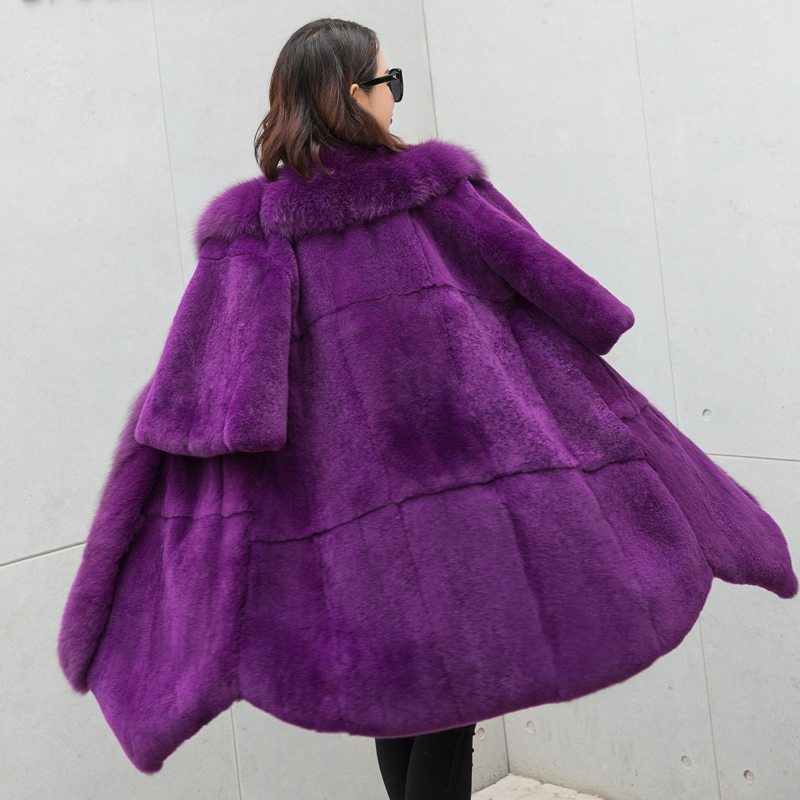 

Rex Mulheres Real Coelho Com Gola Raposa Casaco De Pele Longa Seo V-neck Solto Fino Trompete Mangas Outerwear Feminino Wv8h, Purple