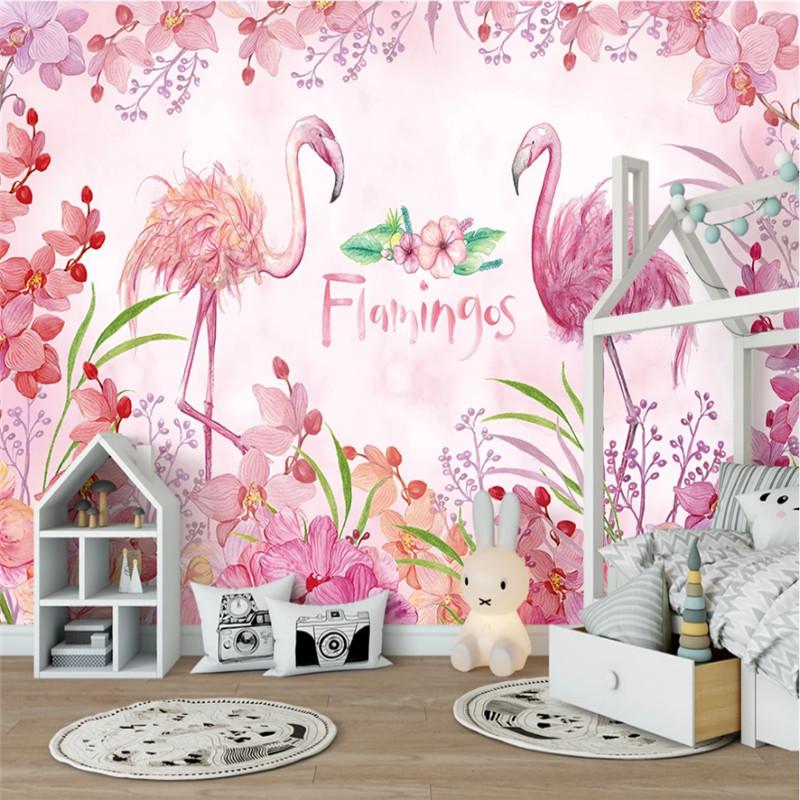 

Modern Minimalist Hand-painted Pink Flamingos Mural Wallpapers for Living Room Bedroom Childrens' Room Background Wall Paper 3D, Canvas