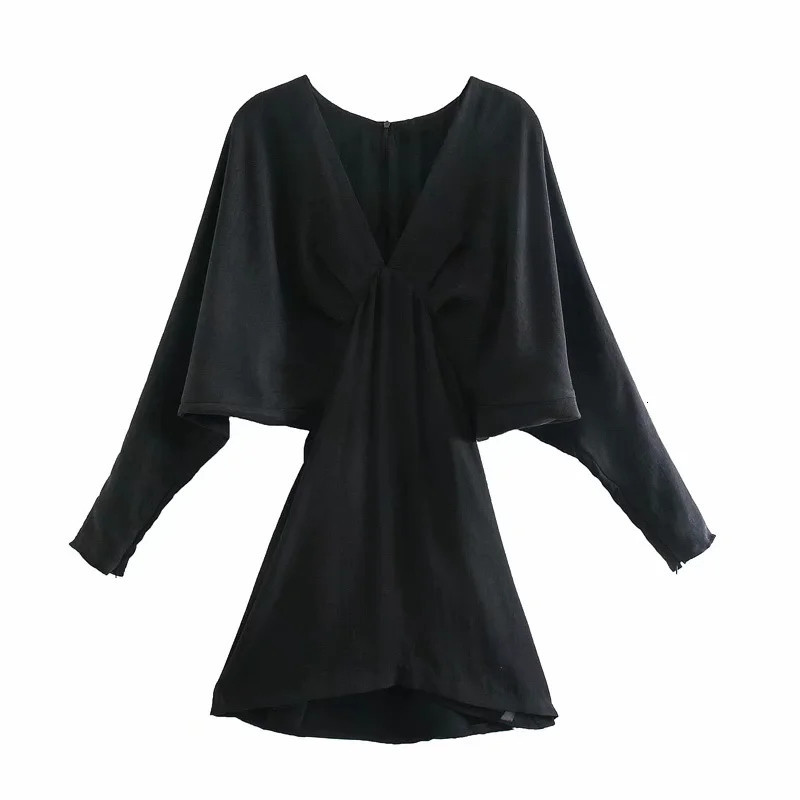 

2021 New Pleats Black Mini Women Autumn Winter v Neck Batwing Long Sleeve Short Dress Vintage Back Zip Casual Dresses Lijx