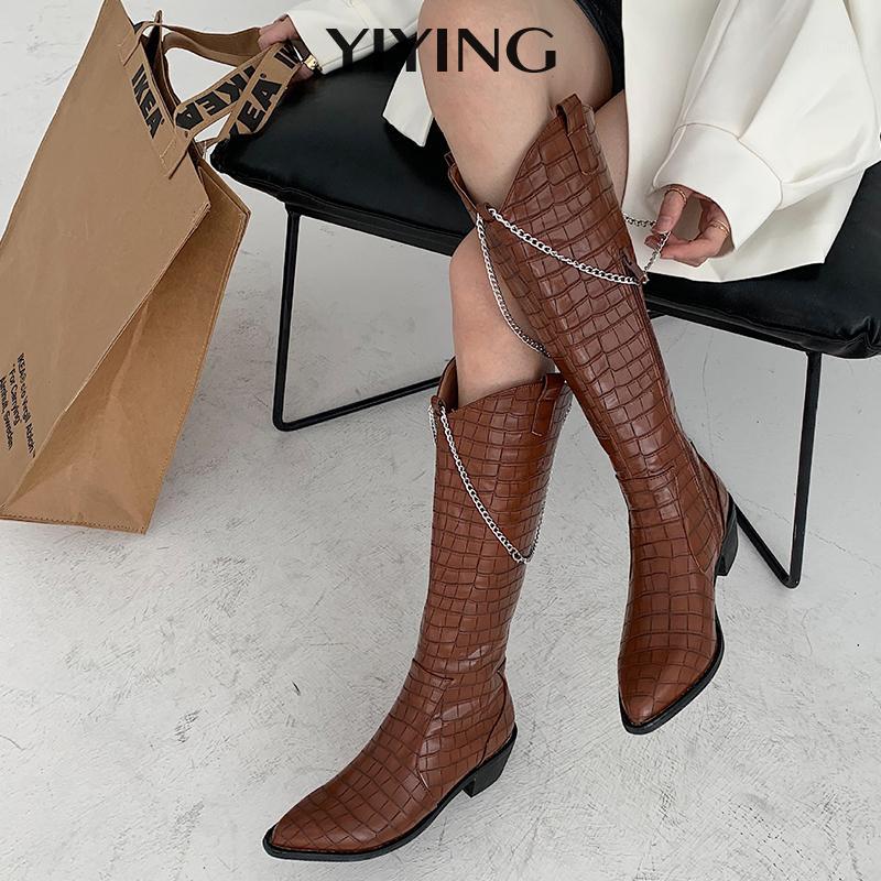 

2020 Autumn Winter knee High Boots Woman Fashion Pointed Thick Heel Knight Boots Brand Designer Stone Chain Long For Women1, Black
