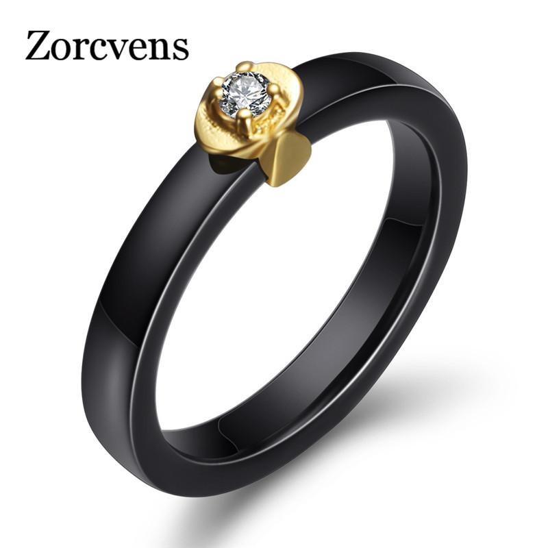 

Modyle Top Quality Black White Smooth Ceramic Ring For Women Gold Color Flower CZ Stone Wedding Ring Wholesale