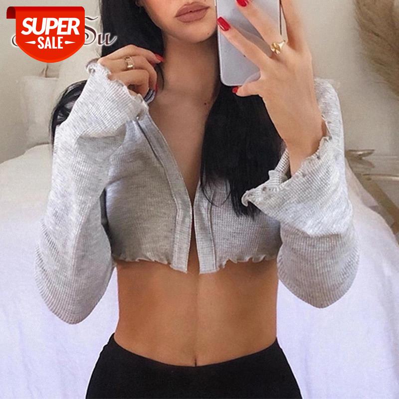

ArtSu Fashion Female V Neck Crop Tops Fall Vogue Korean Streetwear Hook Buckle Tshirt Casual Tee Shirt Woman Basic Tees TS52400 #Zl2f, White