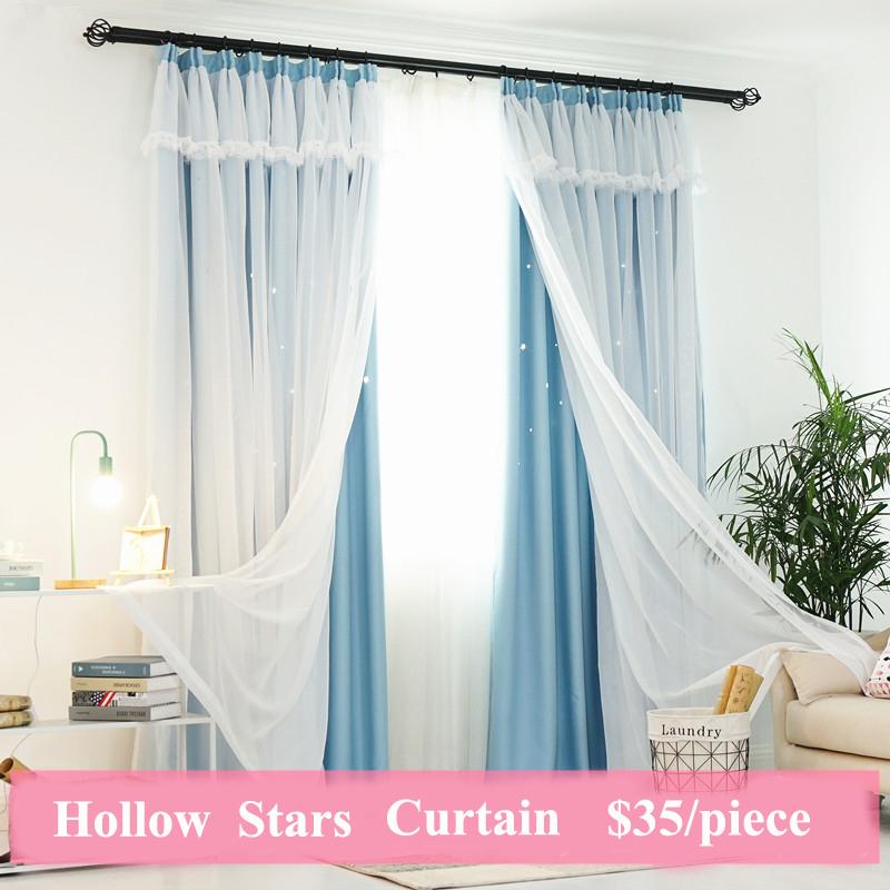 

Hollow Star Blackout Curtains for Living Room Bedroom Window Curtain for Kids Room Blinds Stitched With Lace Tulle White Voile, 1 piece grey