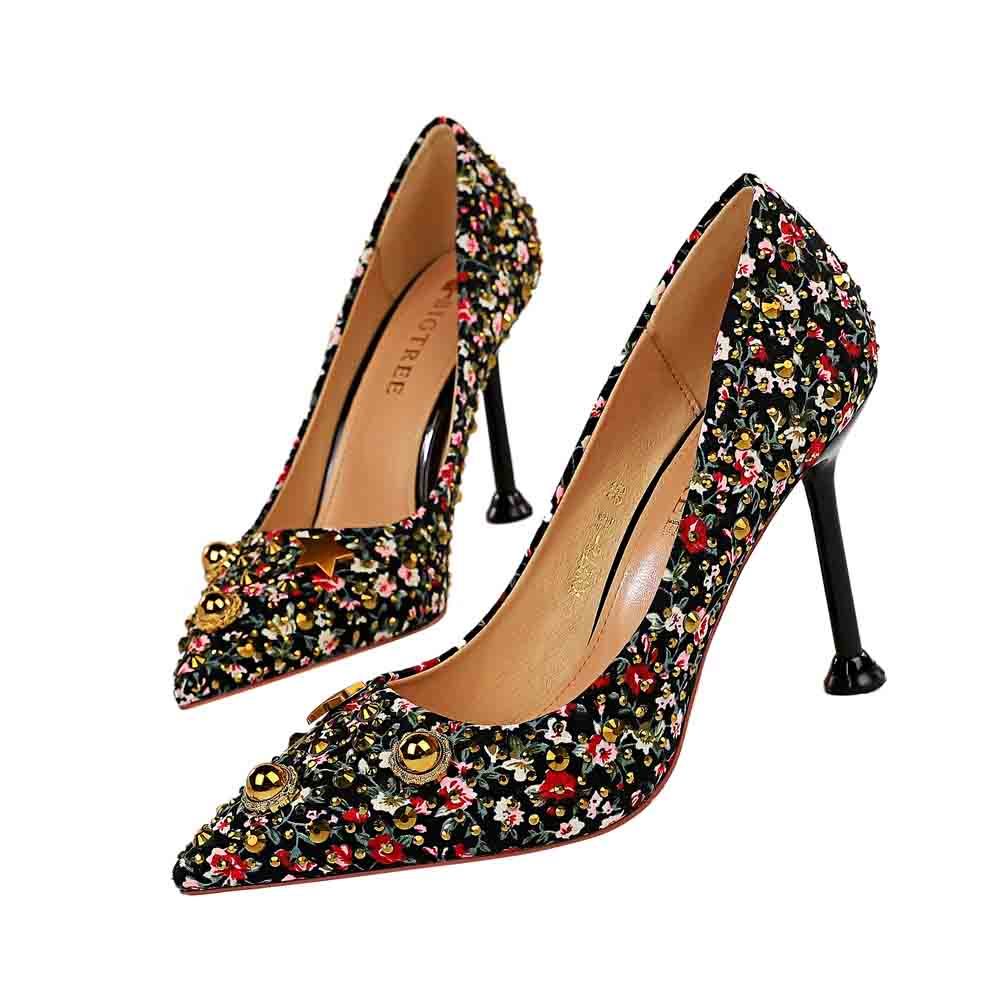

Europe Pointed Portrait Toe Women Bombs Rebite Female Strass Flower with High Leap Single Shoes M8HY, Navy blue