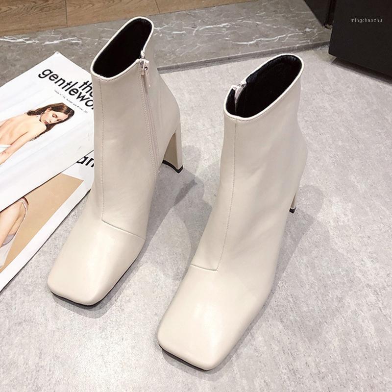 

2020 New Women Boots Autumn Ankle Boots Zipper Women's Female Ladies Footwear High Heel Square Toe Solid Fretwork Heels1, Beige