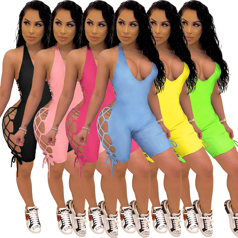 

2020 Summer Sexy Jumpsuit European and American Women ' Nightclub Solid Color Backless Strap Halter Jumpsuit T200704, Yellow