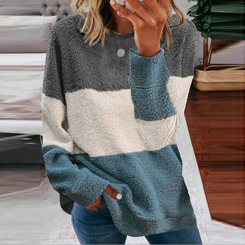 

New Sweater Casual Loose Patchwork Fleece Sweatshirt Spring Elegant O-neck Pullover Long Sleeve Top Harajuku Women 2021 O7o4, Grey