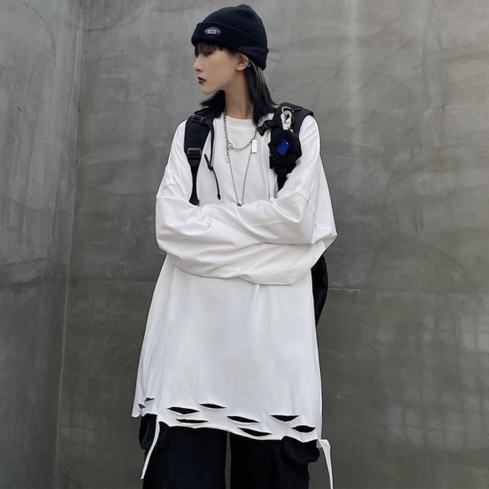 

2021 High Street T-shirt Spring Autumn New Fashion Loose Hipster Simple Designer Hot Sale Retro Hole Round Neck Long Sleeve WO8A, Gray