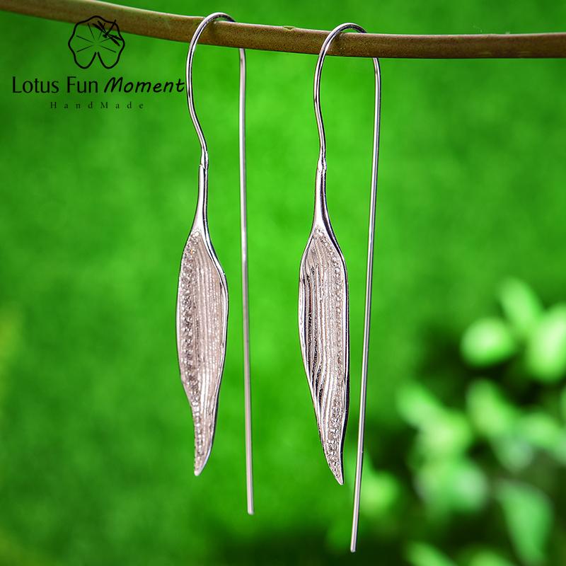 

Lotus Fun Moment Real 925 Sterling Silver Designer Original Fine Jewelry Morning Dew on Bamboo Leaf Dangle Earrings for Women