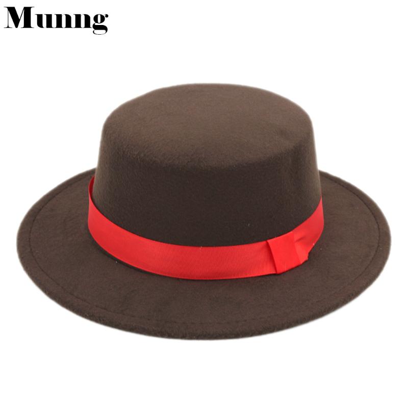 

Munng Women Wool Wide Brim Bowler Boater Sailor Cap Flat Top Felt Hat Red Ribbon, Black