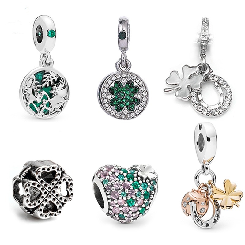 

Fits Pandora Bracelets 20pcs Silver Four Leave Clover Ladybug Crystal Dangle Charm Bead Fit pandora Charms Bracelet Beads For 925 Sterling Silver Jewelry Making