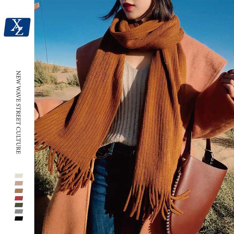 

Scarves Winter Warm Wool Tassel Scarf Luxury Women Striped Shawl Wild Simple Travel Pashmina Foulard Soft Casual Muffler, Blue;gray