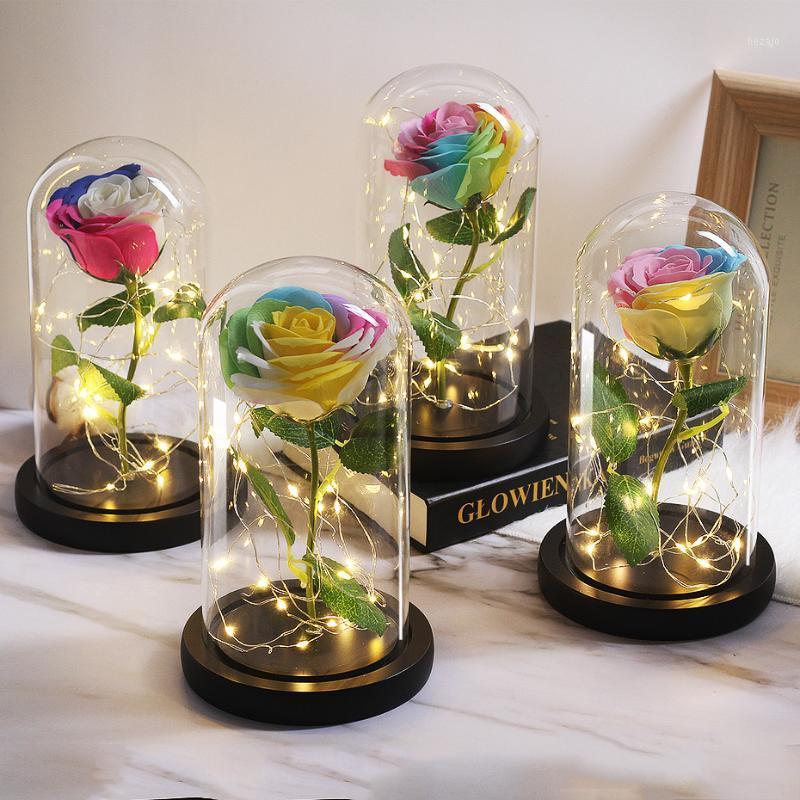 

LED Eternal Multicolor Flower Rose Immortal Dome In A Flask Beautiful Glass Cover Valentine's Day Birthday Mother's Day Gifts1, Soap flower pink