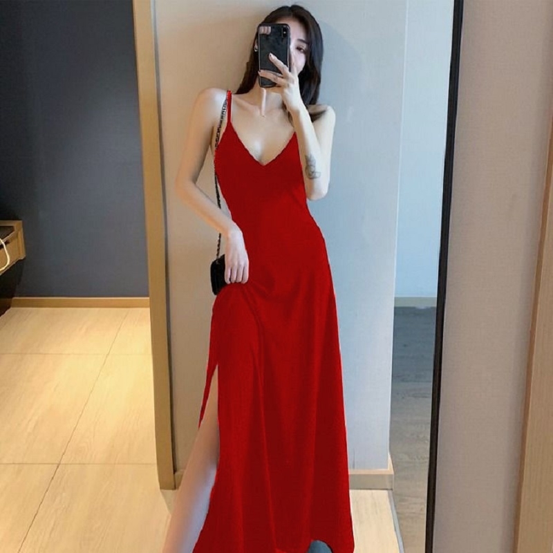 

2021 New Female fashion dress sexy thin shoulder straps v sling cleavage dressed in skinny solid color long dresses with no back for 8K2T, Strip