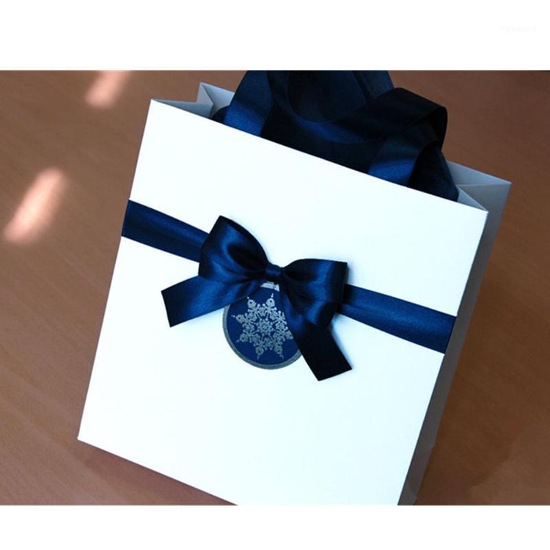 

Christmas Gift Bags for guests with Navy Blue satin ribbon, bow and snowflake tag Elegant Welcome Paper Bags - Holiday Gift bag1