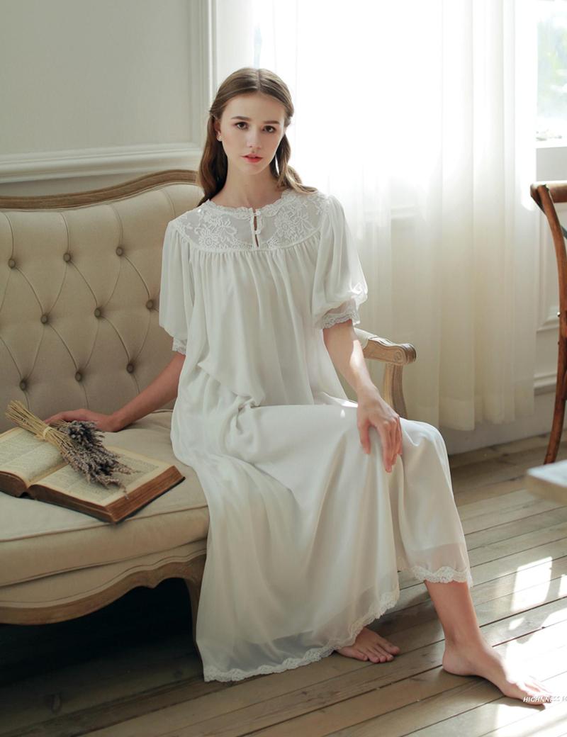 

High Quality Sleepwear Nightgown White Short Sleeve Summer Nightdress Royal Classic Design Sleepwear One Piece Dress Comfortbale, As pic