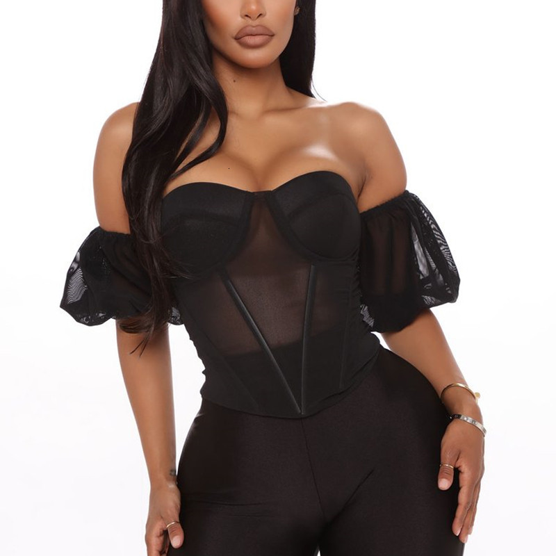 

Sexy Mesh Lantern Sleeve Blouse Women Solid High Waist Short Crop Tops Sexy Belly-Button Square Collar Female Shirts Clubwear 96GR, Black