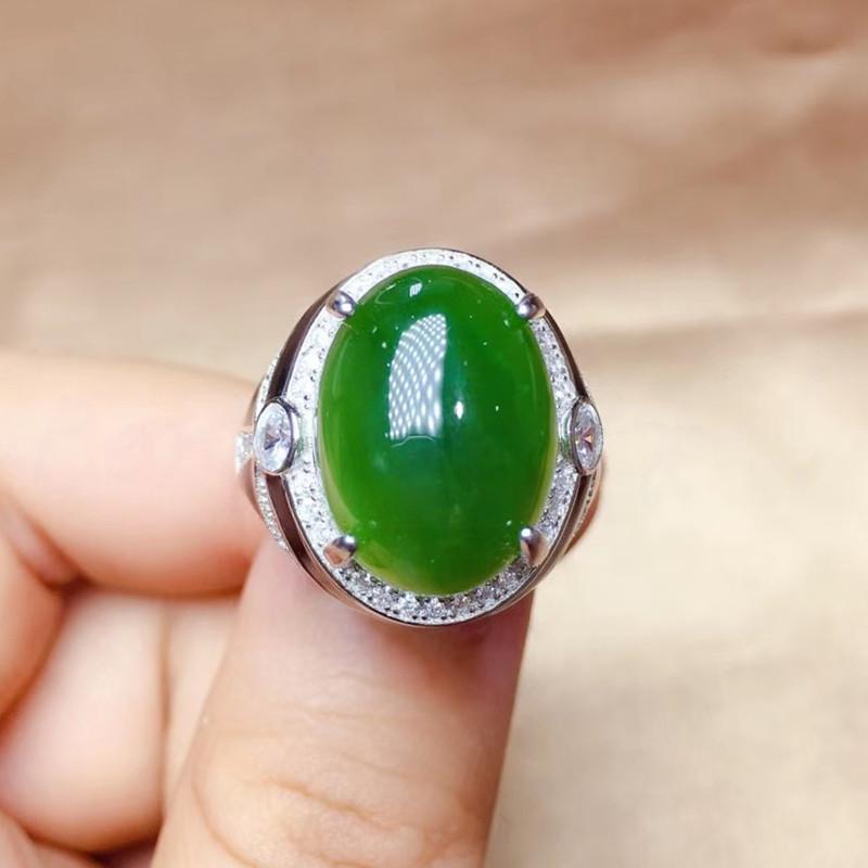 

Cluster Rings Per Jewelry Men Ring Natural Real Green Jade 12*16mm 13ct Big Gemstone 925 Sterling Silver Fine Q2042813, Golden;silver