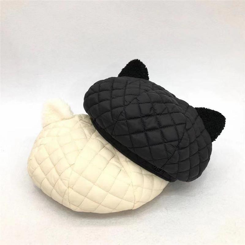 

2021 Spring New Cat Ears Cotton Ladies Fashion Hat Lattice Straight Hat Outdoor Leisure Foldable Travel Female, White