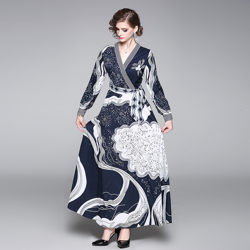 

2021 Spring Fall Print Maxi New Fashion Women Sleeve V-neck Belt Bow Vintage Printed Long 9t69, As picture