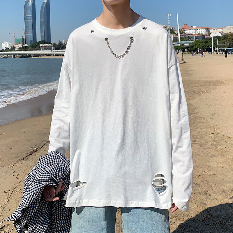 

Summer 2021 Male and Fall New Bottoming Hole Long Sleeve Shirt Fashion Young Men's Clothes PPFQ, White