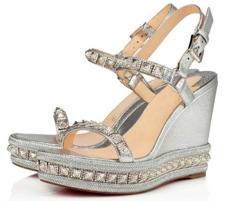 

Fashion Designer Red Bottom Wedge Sandals Women's Pumps Luxury Lady Sexy Cataclou Ankle Strap High Heels -- Party Wedding Rivets Slingback