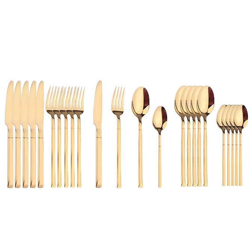 

24pcs Stainless Steel Tableware Kitchen Cutlery Fork Gold Utensils Dinnerware Set Black Knife Spoon Dinner Tableable Set 201113