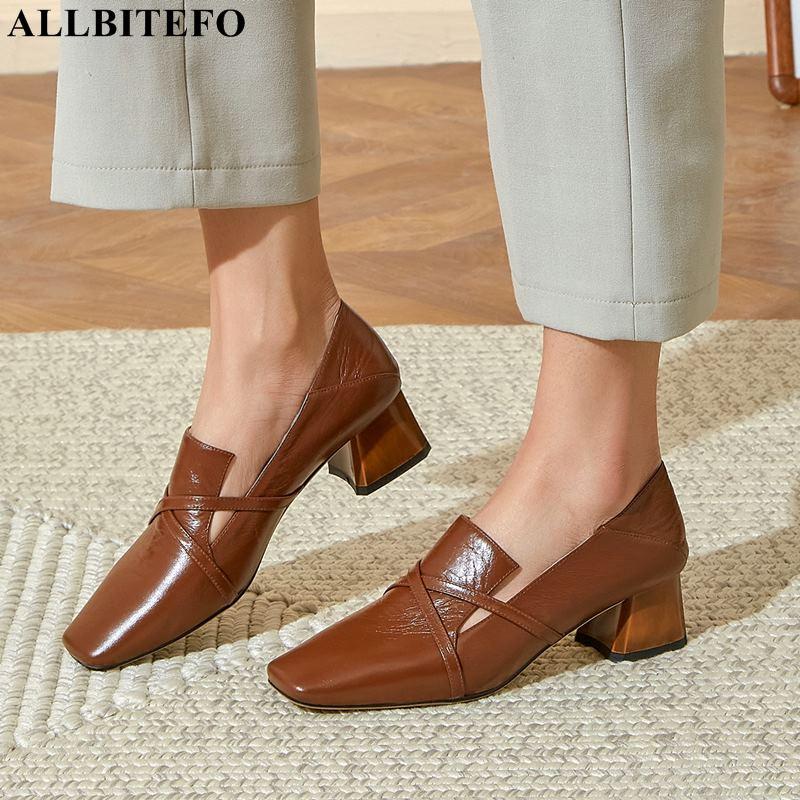 

ALLBITEFO size 34-42 real genuine leather women heels shoes kitten heels fashion high high heel shoes street basic, As picture