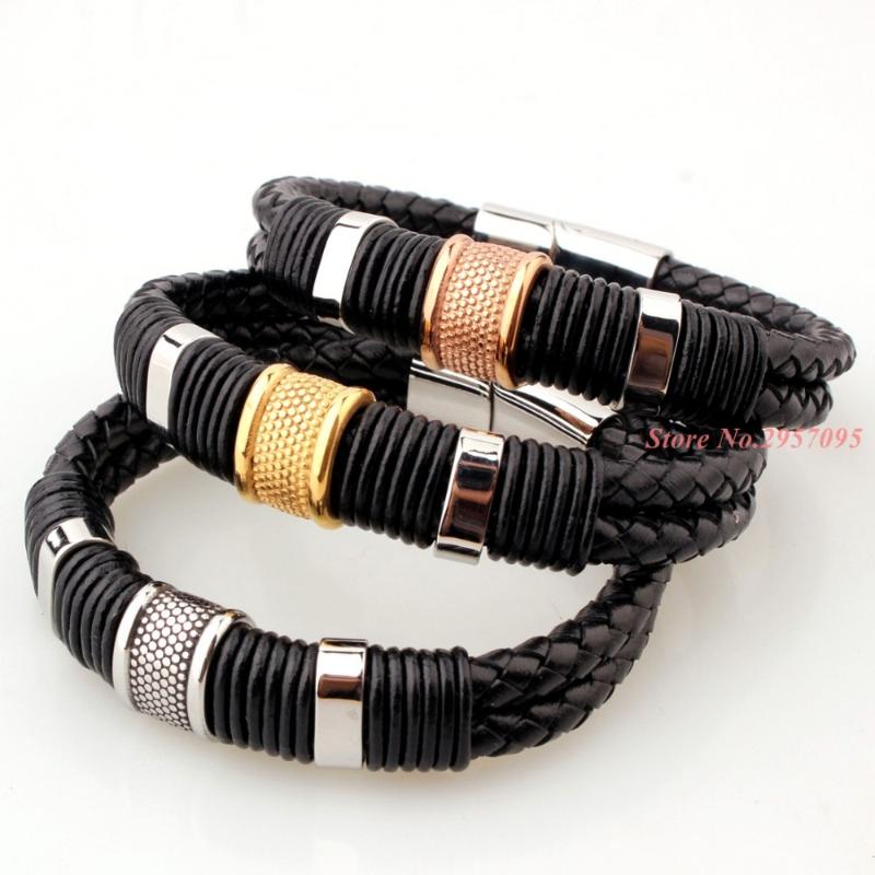 

Link, Chain Fashion Silver/Gold/Rose Gold Color Stainless Steel Genuine Leather Bracelets & Bangles Men Jewelry 12mm Wide 21.5cm Long