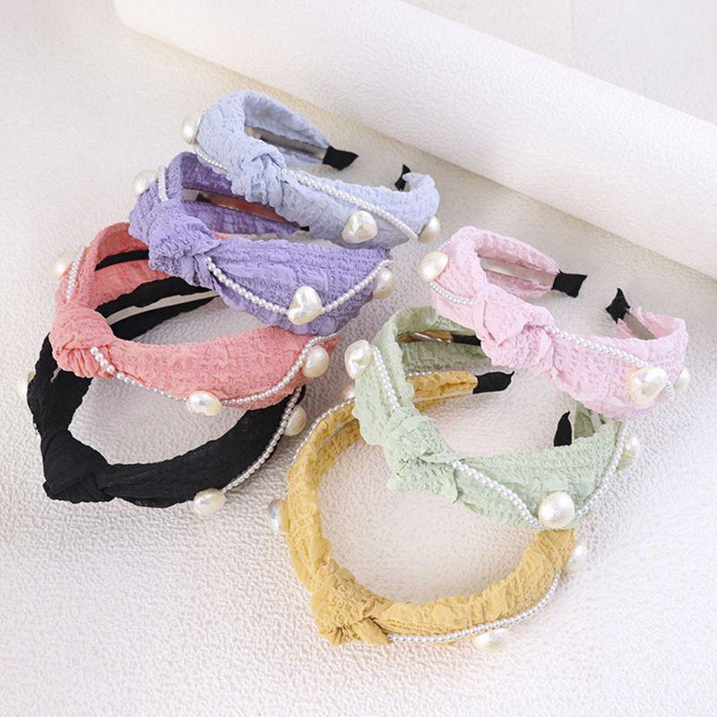 

Fairy Sweety Women Wrinkled Ruched Headband Imitation Pearl Beaded Wavy Chain Hair Hoop Candy Color Twist Knot Headpiece