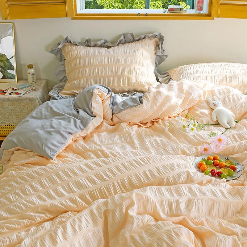 

AB Side Bedding Set Soft Seersucker and Washed Cotton Duvet Cover Bed Sheet and Pillowcases Princess Style Comforter Bedding Set, Green