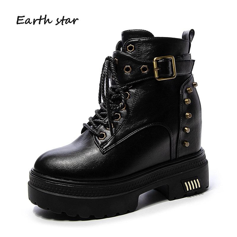 

2020 Autumn Female Fashion botas mujer Increased Shoes Women Boots Rivets Real Leather Ladies footware Cross-tied Boots, Black