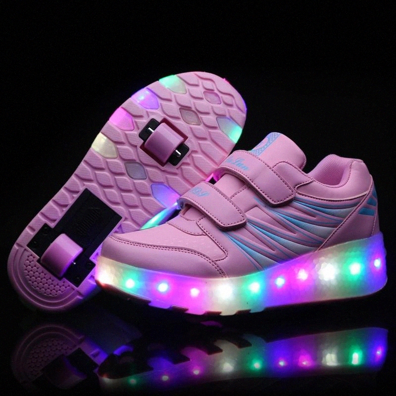 

Two Wheels Luminous Sneakers Black Pink Led Light Roller Skate Shoes Children Kids Led Shoes Boys Girls Light Up Unisex #yQ8y