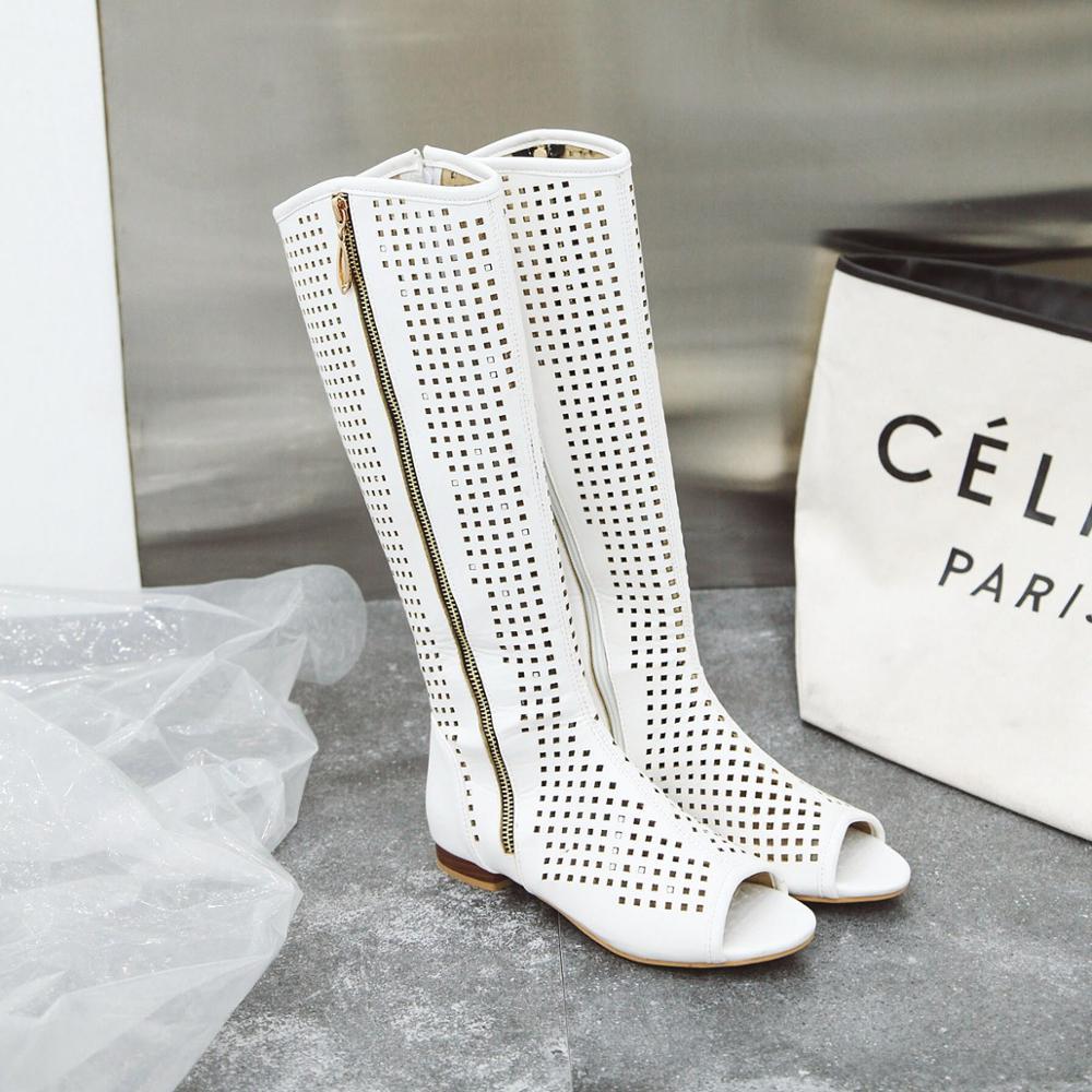 

Female fashion flats at knee-high summer peep boots toe square fretwork heels party retro-roma sexy shoes women's size 34-43, White
