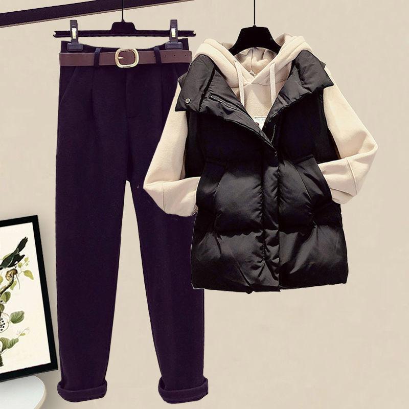 

Women 2021 Winter New Fashion Corduroy Down Cotton Jacket Three Piece Sets Female Hoodies +Vest +Jeans Pants 3 Piece Suit B439, Gray zhuan gray