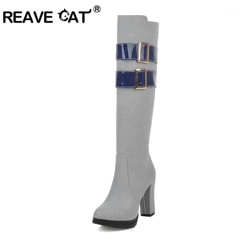 

REAVE CAT women's Knee high boots square high heels pointed toe zipper buckle Shoes long booties winter gray big size 431, Black