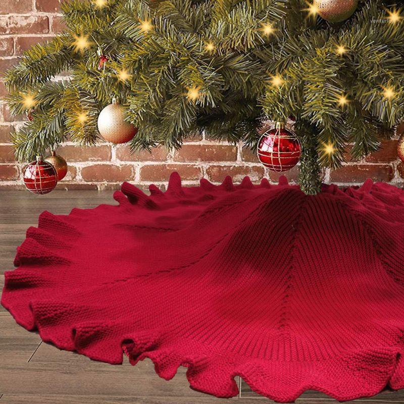 

48 Inch Wrinkled Curl Christmas Tree Skirt Red Knit Mat Cover Ornament Home Party Decoration1
