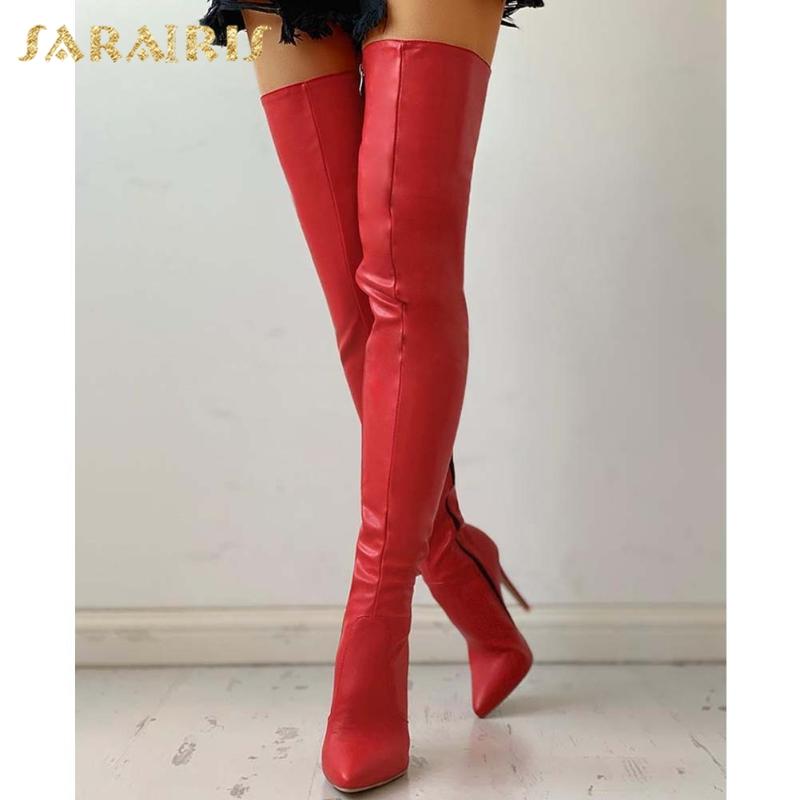 

Sarairis 2021 New Design Big Size 43 Over The Knee Thigh High Boots Woman Shoes Sexy Pointed Toe Stiletto High Heels Boot Lady, Red