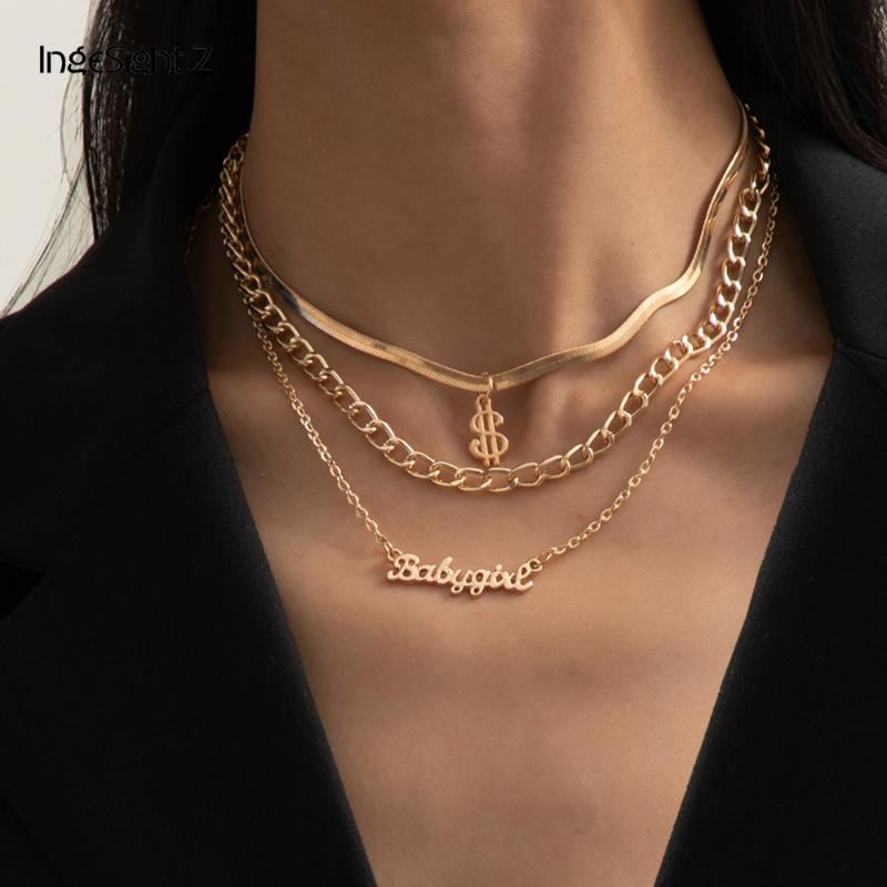 

IngeSight.Z 3Pcs/Set Multi Layered Flat Snake Chain Choker Necklace Dollar $ Sign Letter Pendant Necklace for Women 2020 Jewelry