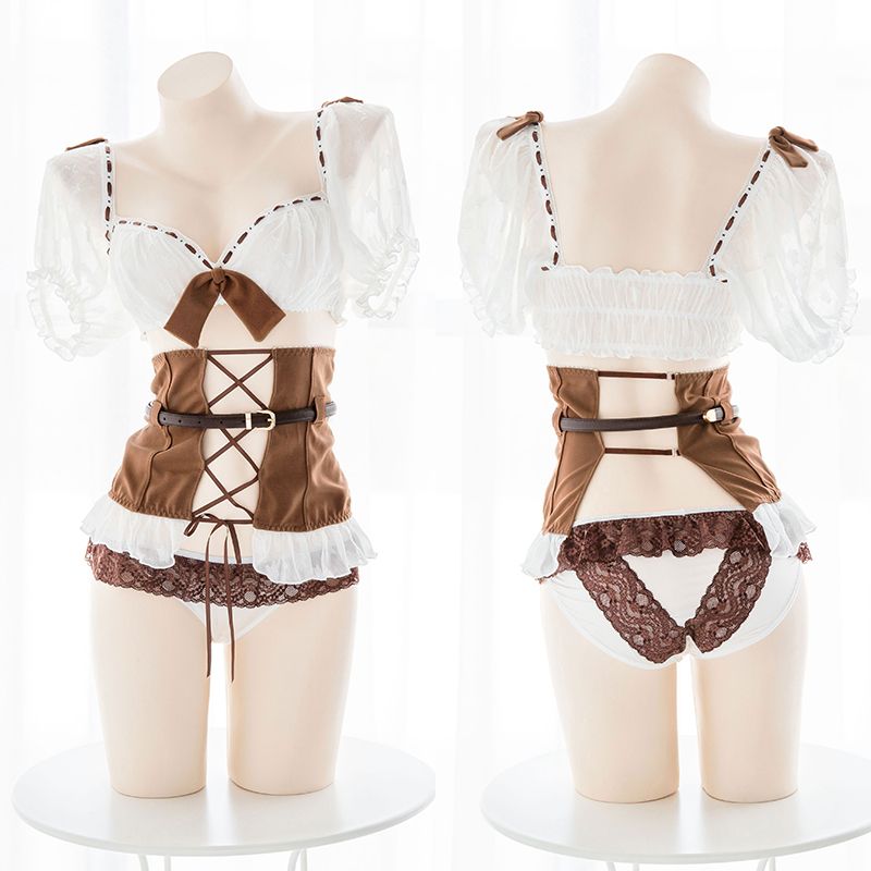 

Women Portrait Cowboy Spaghetti Lolita Cosplay Dressed Uniform Traje Sexy Babydoll Lingerie Erotic Role Play, Brown