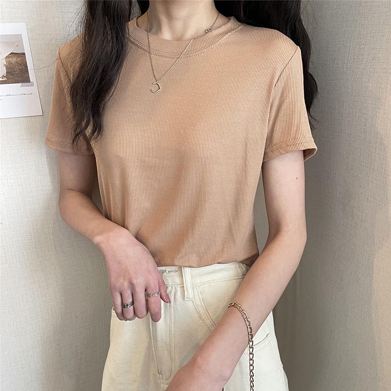 

Women's T-Shirt AOSSVIAO Short Sleeve Ribber Knitted O-neck Top Women Korean Casual Long T Shirt Slim 2022 Summer Tee Lady Clothing, White