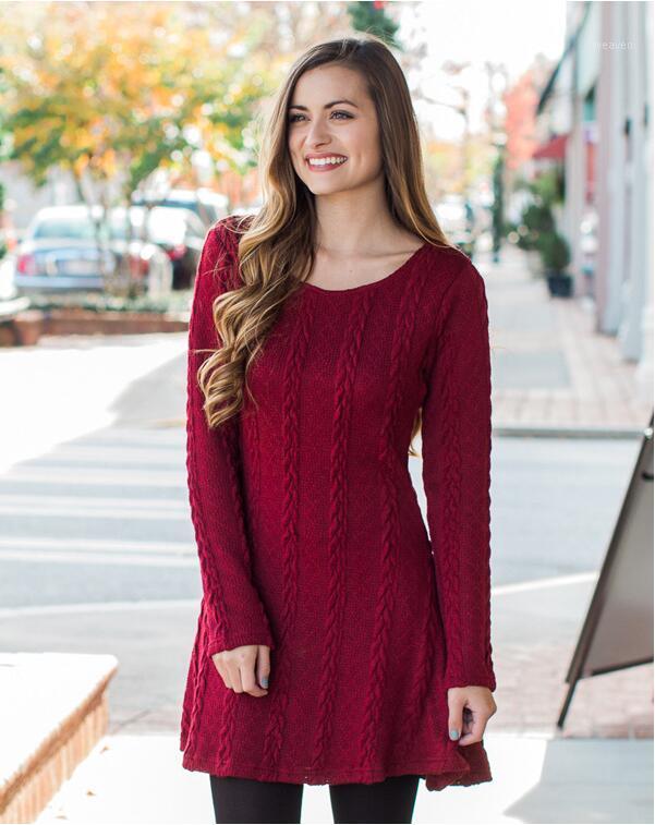 

Wholesale-New Women's Autumn Winter Thicken O-Neck Pullover Knitted Sweaters Women Long Slim Sweater Dresses1, Brown