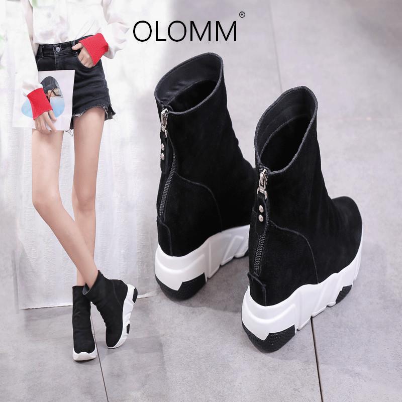 

Leather 2020 New Boots Womens Boots Plus Velvet In The Winter Increased Shoes England Thick Bottom Versatile Zipper, Black